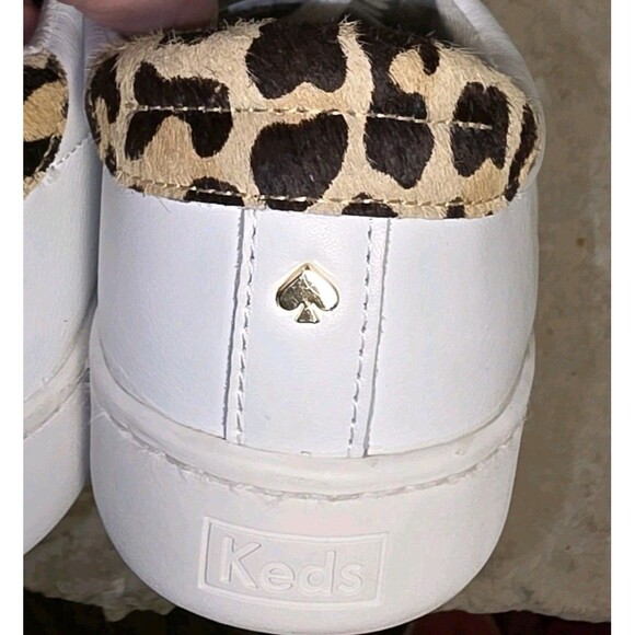 Kate Spade New York Keds White Leather Leopard Trim Lace Up‎ Sneakers Women Sz 8 - Picture 7 of 7